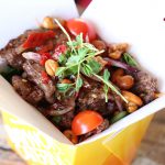 Warm beef, eggplant, tomato, greens, thai herb